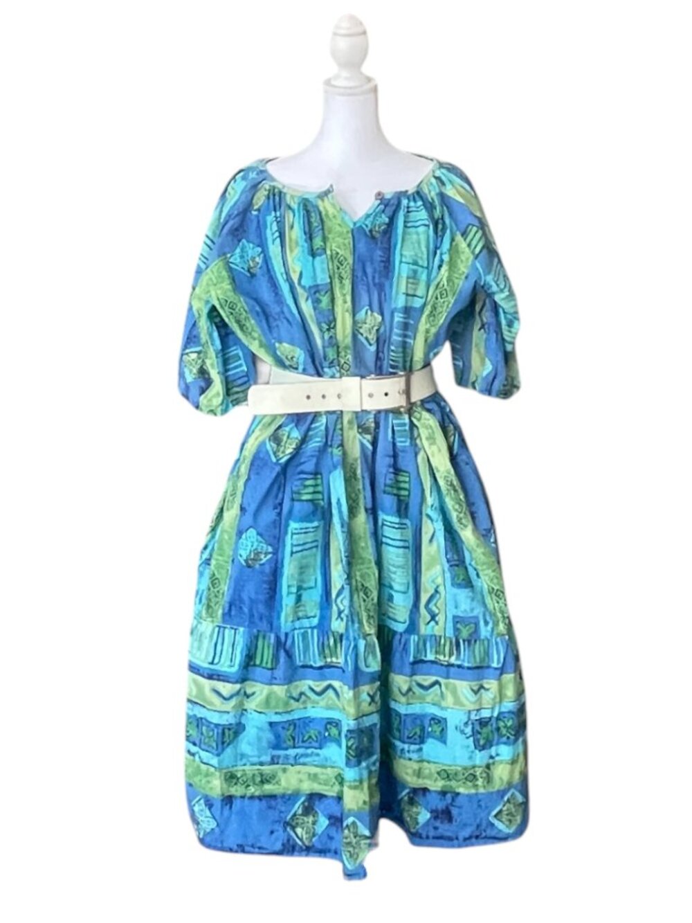 Vintage Patterned Muumuu Dress w/ Blue-Green Abstract Print - 80s/90s - Size M